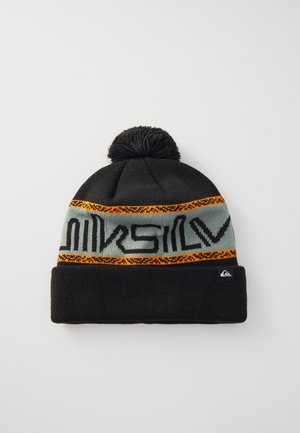 Black knitted beanie with a fold-over cuff. Features a light blue and orange patterned band and a black pom-pom on top.