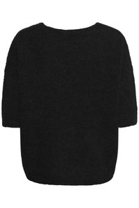 Black knitted sweater with three-quarter sleeves and a round neckline, shown from the back.