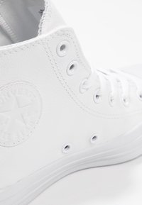 Närbild av vita läder Converse högstövlar som visar sydd logotypplatta, metallöglor och texturerad sula.