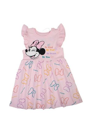 Robe rose avec une manche courte à volants, ornée d'un motif Minnie Mouse et de motifs colorés de papillons sur la jupe.
