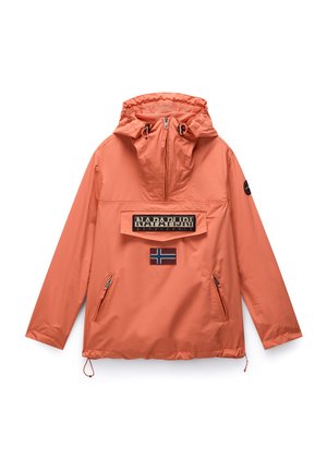 Orange waterproof jacket with a large front pocket, adjustable hood, zippered side pockets, and the Napapijri logo and Norwegian flag detail.