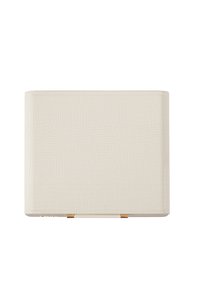 Crocodile-embossed cream clutch with smooth texture, rectangular shape, and gold-tone hardware accents at the closure.