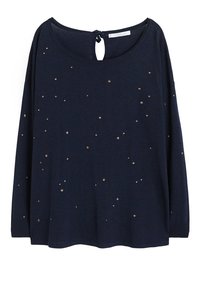 Top lungo a maniche navy realizzato in tessuto morbido, con scollatura a barca, dettaglio con fiocco sulla schiena e decorazioni a forma di stelle dorate sparse.