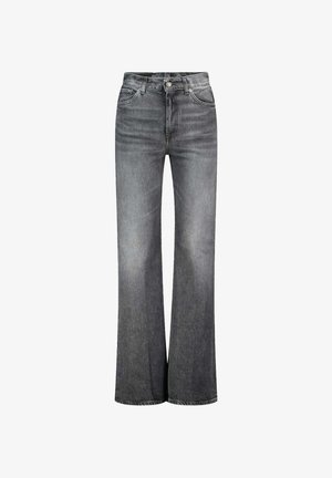 Hoge taille vervaagde zwarte denim jeans met een voorknop, rits en wijd uitlopende broekspijpen.