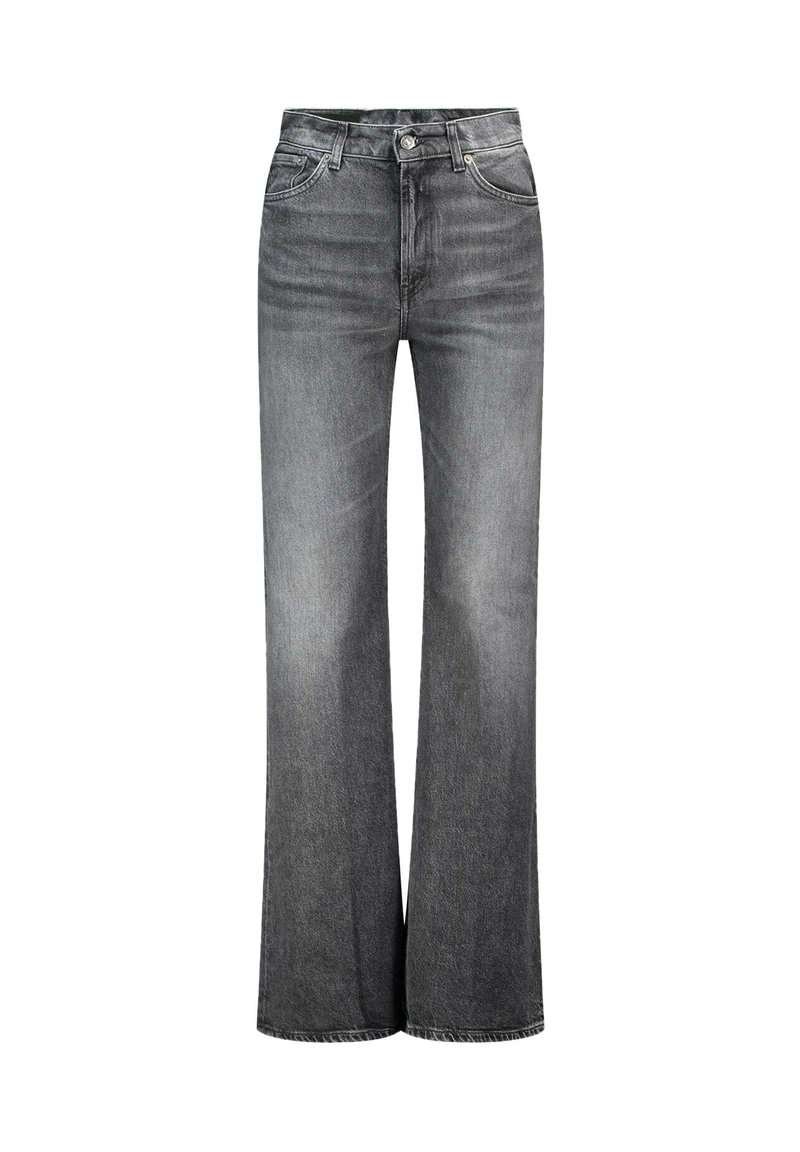 Hoge taille vervaagde zwarte denim jeans met een voorknop, rits en wijd uitlopende broekspijpen.
