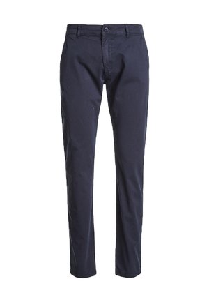 Pantaloni in twill di cotone blu navy con design a gamba dritta, dotati di chiusura a bottone, passanti per cintura e tasche frontali. Texture liscia.