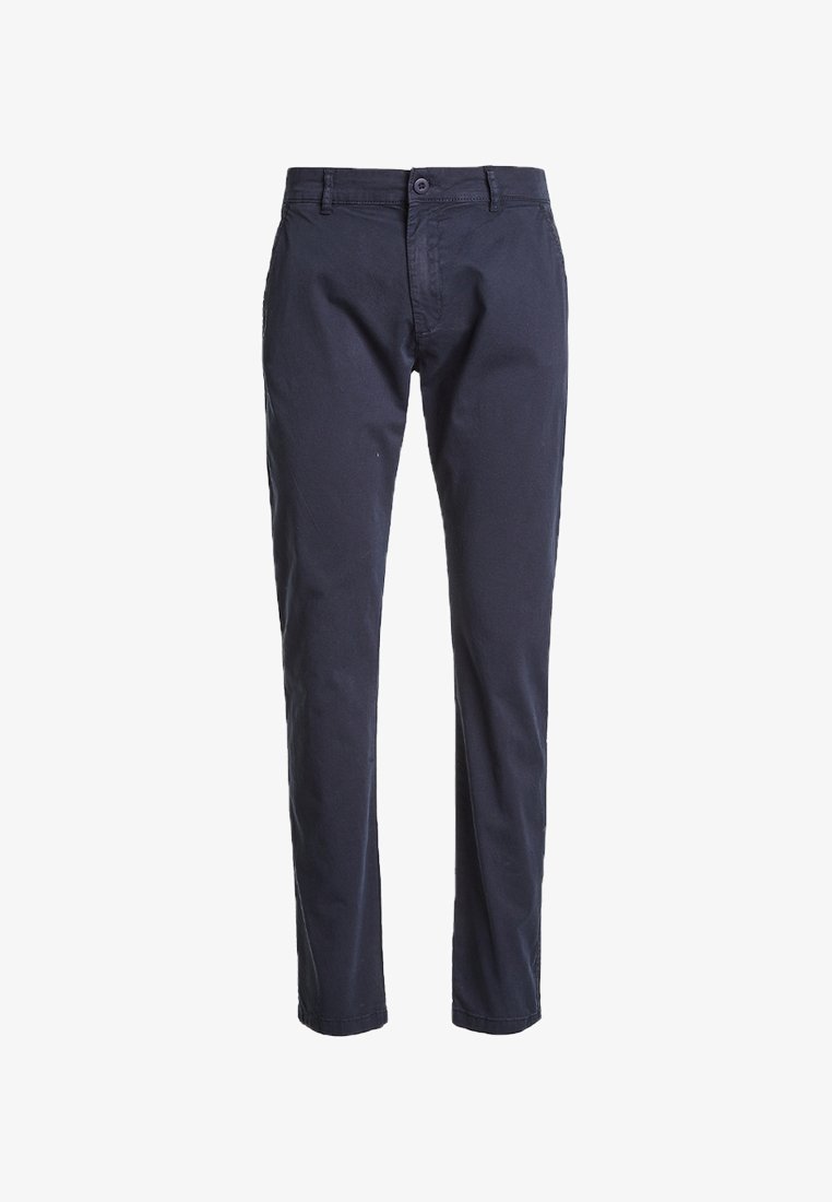 Pantalons en twill de coton bleu marine avec une coupe droite, dotés d'une fermeture à bouton, de passants de ceinture et de poches à l'avant. Texture lisse.