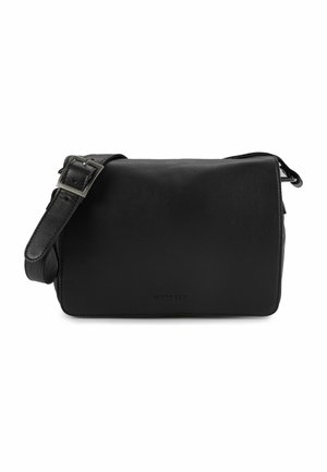 Borsa a tracolla in pelle nera con texture liscia, forma rettangolare, tracolla regolabile e dettaglio con fibbia metallica.