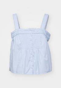 Top azul-claro, sem mangas, com alças ajustáveis, franzido texturizado, fecho de botão na frente e acabamento em renda na gola e nas alças.