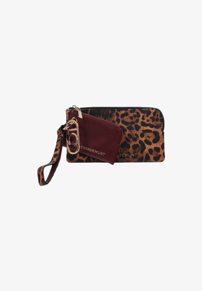 Leopard print wallet with a maroon cardholder. Features a zip closure, wrist strap, and metallic accents. Textured fabric exterior.
