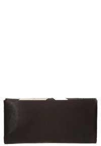 Černé saténové psaníčko s kontrastními béžovými pruhy. Obdélníkový tvar, hladký povrch, magnetické zapínání, bez viditelných kovových částí či ozdob.