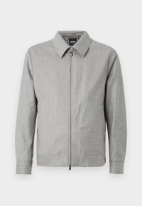 Gray jacket with a collared neckline, front zip closure, and long sleeves. Smooth texture with a subtle pattern throughout.