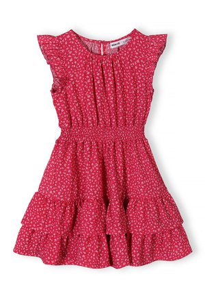 Czerwona sukienka dziewczęca bez rękawów z drobnym białym kwiatowym nadrukiem, elastyczną talią, falbaną u dołu oraz bufkami na ramionach.