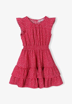 Robe rouge sans manches pour fille avec petit imprimé floral blanc, taille élastique, ourlet à volants et manches courtes volantées.
