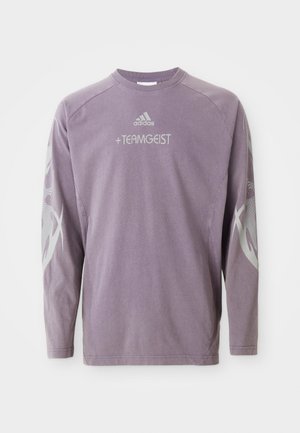 Long-sleeve purple sweatshirt made of cotton, featuring a round neckline, "TEAMGEIST" print, and abstract gray graphics on sleeves. Adidas logo present.