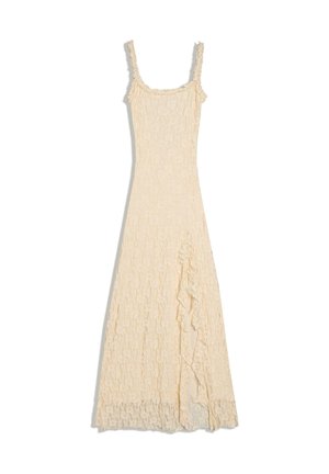 Krém színű, csipkés ujjatlan maxiruha vékony pántokkal és fodros részletekkel az elülső hasítéknál.