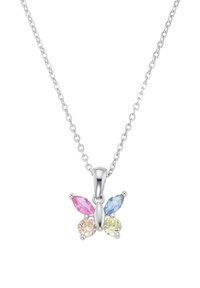 Collana con pendente a forma di farfalla in argento, impreziosita da pietre rosa, blu e verdi. Presenta pietre tagliate a marquise e rotonde, attaccate a una catena delicata.