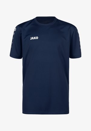 Marineblaue Polyester-T-Shirts mit kurzen Ärmeln, mit einem weißen Logo auf der Vorderseite und dekorativen Punkten an den Ärmeln. Klassischer Schnitt.