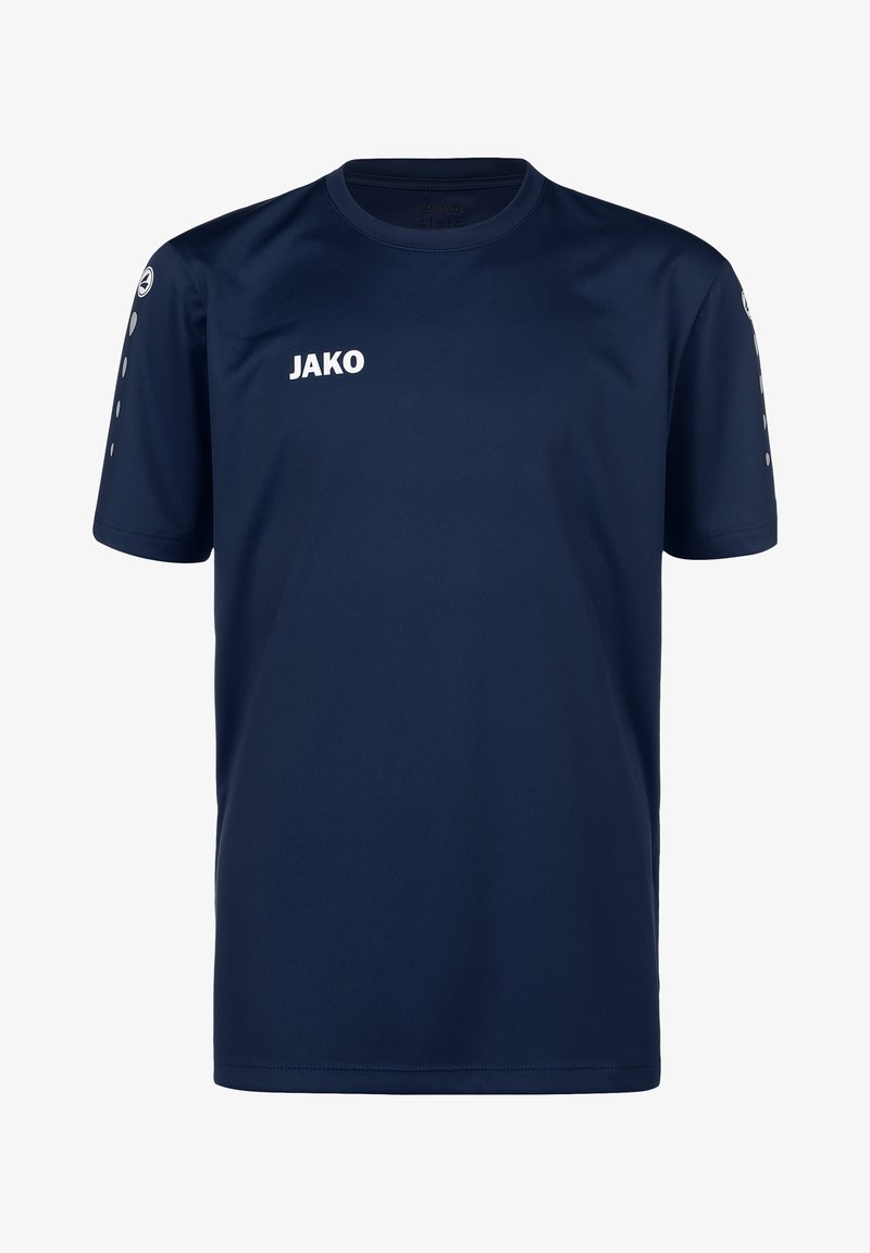 Navy blue polyester T-shirt with short sleeves, featuring a white logo on the front and decorative dots on the sleeves. Classic fit.