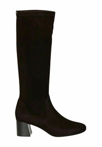 Botte haut en suede noir jusqu'au genou avec un talon carré, texture lisse et une fermeture éclair latérale pour un enfilage facile.