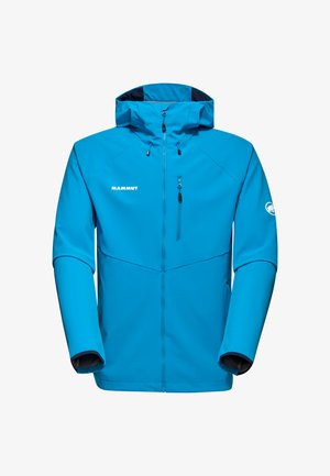 Blaue Outdoor-Jacke mit Kapuze, durchgehendem Reißverschluss und Brusttasche, verstellbaren Manschetten sowie Logo auf der linken Brust und dem Ärmel. Weicher Stoff.