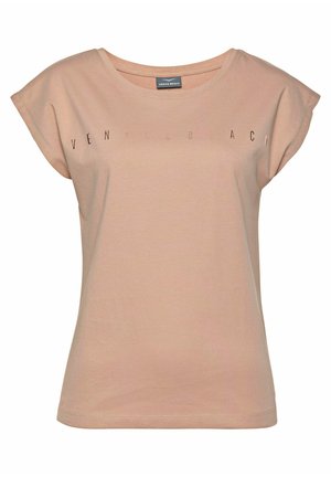 Beżowy damski T-shirt z krótkim rękawem z napisem "Venice Beach" na piersiach i okrągłym dekoltem.