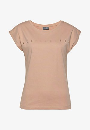 Beżowy damski T-shirt z krótkim rękawem z napisem "Venice Beach" na piersiach i okrągłym dekoltem.