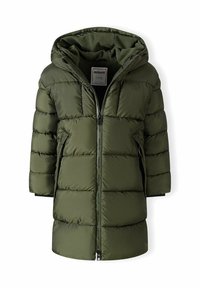 Cappotto trapuntato verde oliva con cappuccio, dotato di zip frontale, motivo trapuntato orizzontale e due tasche laterali. Materiale liscio e resistente all'acqua.