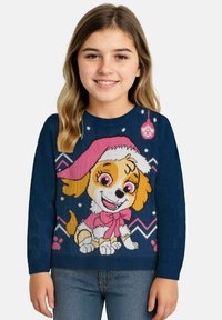 Maglione lavorato a maglia con un design di un cane dei cartoni animati su sfondo blu navy, con accenti rosa e motivi a zigzag. Maniche lunghe e colletto girocollo.