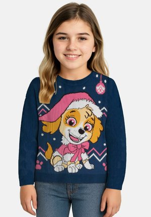 Maglione lavorato a maglia con un design di un cane dei cartoni animati su sfondo blu navy, con accenti rosa e motivi a zigzag. Maniche lunghe e colletto girocollo.