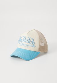 Khaki and blue baseball cap with mesh sides, featuring raised blue embroidery of "Von Dutch" and "ORIGINALS," curved bill, and stitching details.