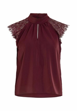 Ærmeløs bordeauxbluse med blonde-kap-ærmer, høj krave med knaplukning og frontnøglehul.