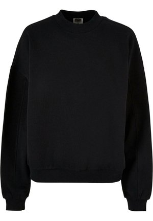 Czarny skrócony sweatshirt z okrągłym dekoltem, opuszczonymi ramionami i ściągaczami. Wykonany z teksturowanej tkaniny, cechujący się prostym wzornictwem.
