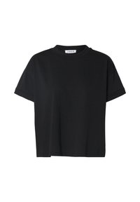 T-shirt nera a maniche corte realizzata in cotone morbido. Presenta un colletto rotondo, una vestibilità rilassata e orli arrotolati con cuciture pulite.