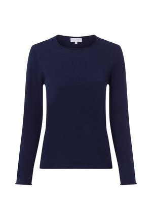 Marineblauer Langarm-Pullover mit Rundhalsausschnitt in taillierter Passform, aus weichem Strickstoff gefertigt.