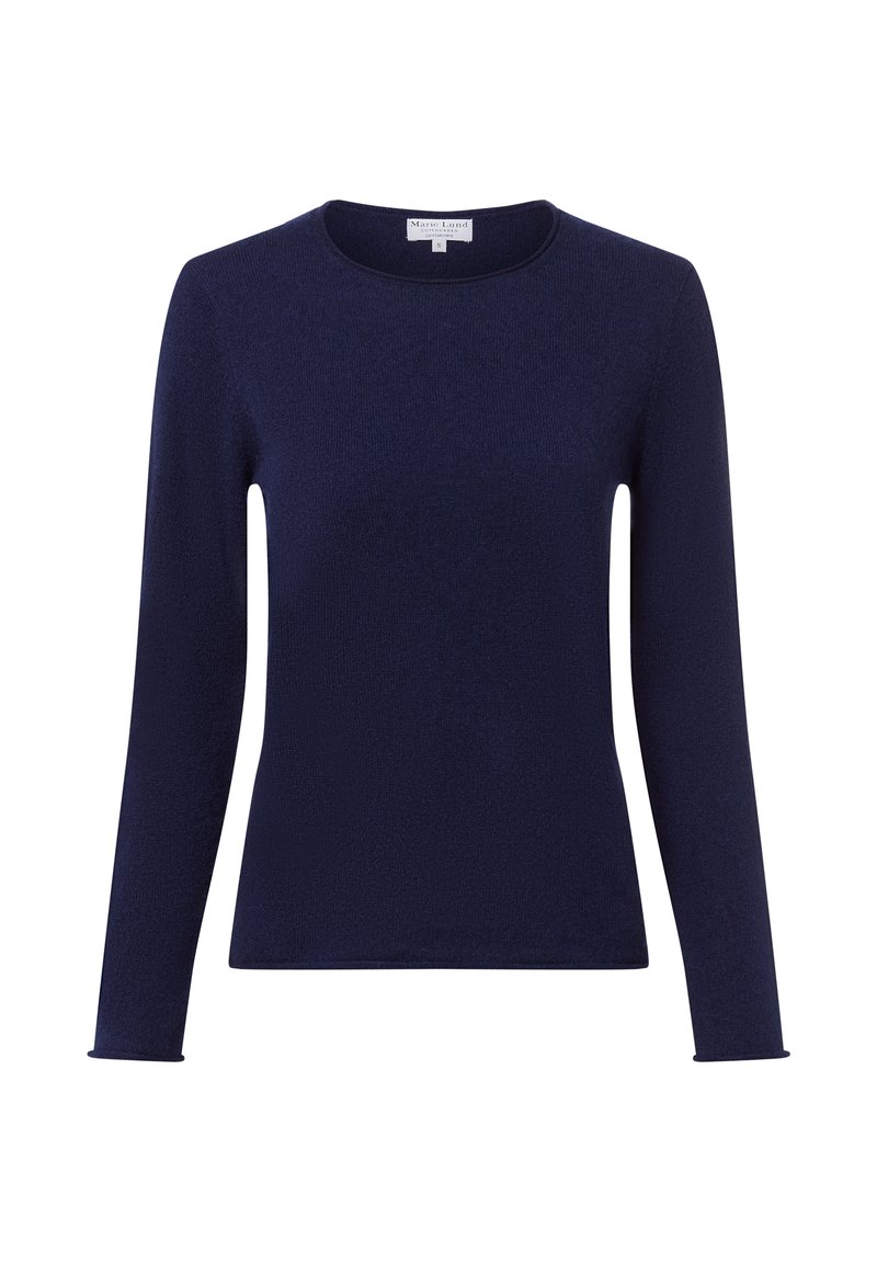 Marineblauer Langarm-Pullover mit Rundhalsausschnitt in taillierter Passform, aus weichem Strickstoff gefertigt.