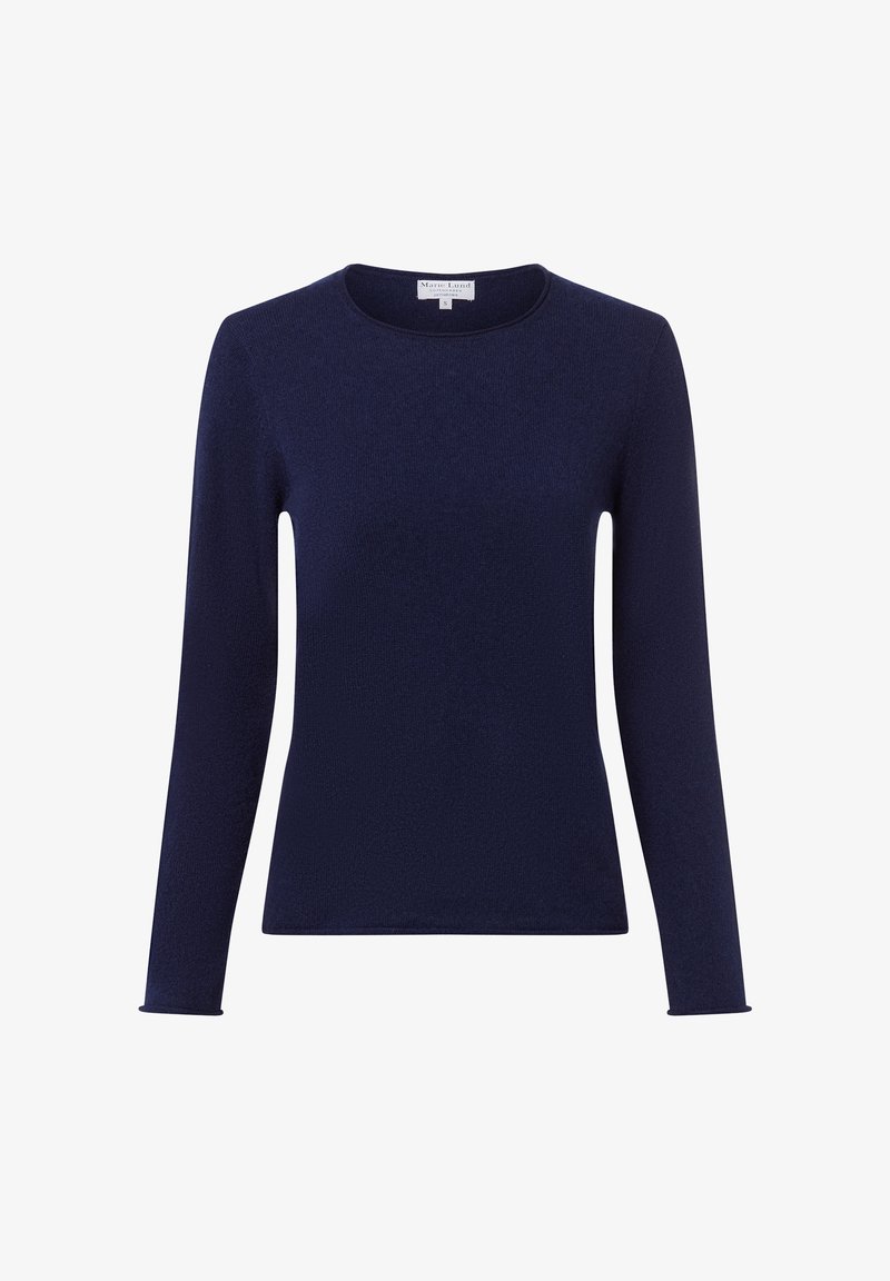 Marineblauer Langarm-Pullover mit Rundhalsausschnitt in taillierter Passform, aus weichem Strickstoff gefertigt.