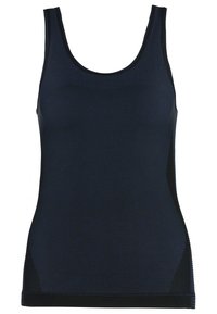 Débardeur bleu marine sans manches avec encolure arrondie et silhouette ajustée, présenté sur fond blanc.