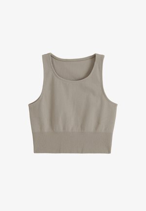 Ærmeløs beige ribbet crop top med bådudskæring og bred kant, designet til en tætsiddende pasform.