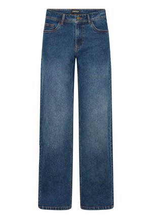 Wide-leg denim jeans in medium blue wash. Features five pockets, button and zipper closure, and double-stitched seams. Durable fabric.