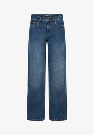 Plaša silueta džinsa bikses vidējas zilas krāsas. Tām ir piecas kabatas, pogu un rāvējslēdzēja aizdare, dubultšūtas šuves. Izturīgs audums.