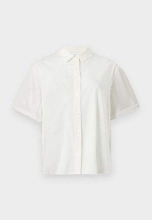 White short-sleeve button-up shirt with a collar, displayed flat against a plain white background.