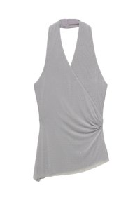 Top halter fără mâneci, de culoare gri deschis, cu puncte argintii mici, cu un design încrucișat în față și detaliu plisat pe lateral.