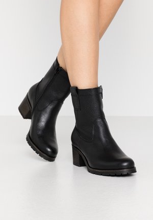 Jambes portant des bottines en cuir noir avec une fermeture éclair latérale, des talons blocs et des languettes sur un sol blanc.