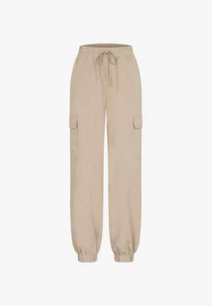 Beżowe spodnie cargo wykonane z lekkiego materiału, z elastycznym paskiem w talii, regulowanym sznurkiem i dwoma bocznymi kieszeniami. Ze ściągaczami przy kostkach.