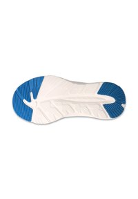 Podeszwa buta z białą bazą i niebieskimi akcentami, z teksturowanymi wzorami zapewniającymi przyczepność oraz unikalnym kształtem zaprojektowanym dla elastyczności i wsparcia.