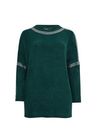 Maglione verde a maniche lunghe con scollo rotondo. Presenta dettagli in strass lungo lo scollo e le maniche. Tessuto morbido, vestibilità comoda.