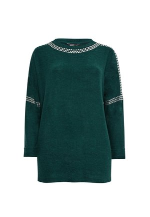 Groene, lange mouwen trui met een ronde hals. Bevat strass-accenten langs de halslijn en de mouwen. Zachte textuur, relaxte pasvorm.