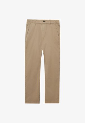 Pánske béžové bavlnené chinos nohavice s pútkami na opasok, bočnými vreckami, predným gombíkom a zipsom, vystavené na bielom pozadí.