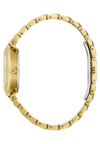 Gold-tone wristwatch with a rectangular case, adorned with a row of small crystals. Features a linked band and a silver accent on the side.